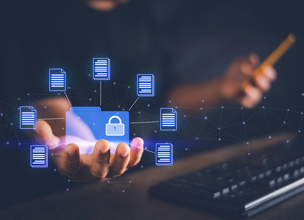 Document security concept, Document management system on Computer network , Online documentation database and digital file storage. Protection access information technology. Managing corporate files. - stock photo